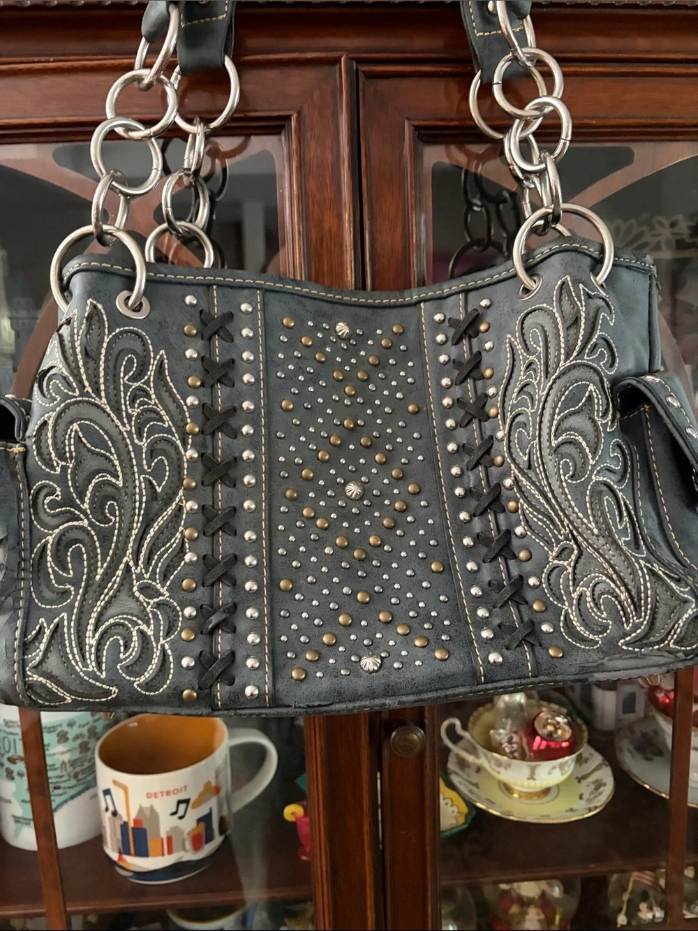 Montana West Black Embroidered Studded Shoulder Bag with Chain Straps - Picture 1 of 10